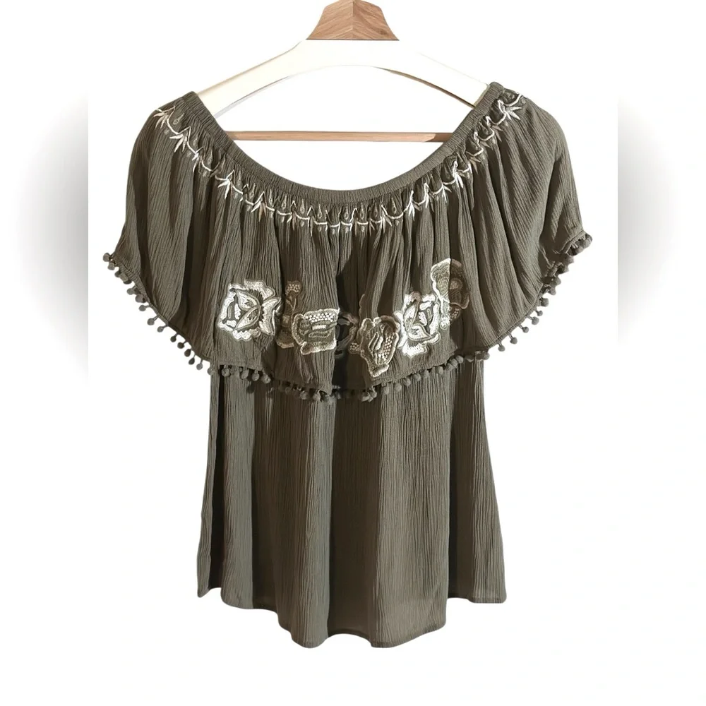 Blue Rain | Embroidered Olive Green Women's Shorts Sleeve Rayon Peplum Top - Picture 11 of 15